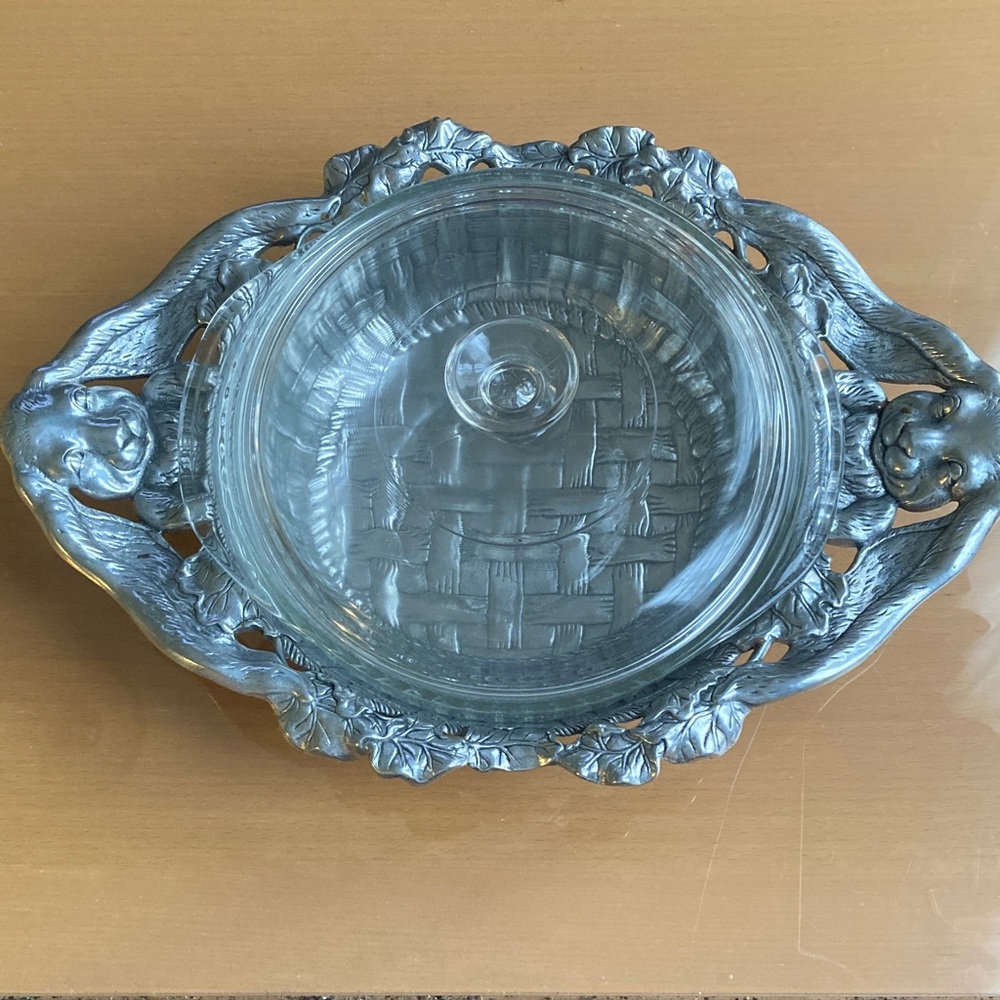 Arthur Court Aluminum and Glass Bowl with Bunny Motif